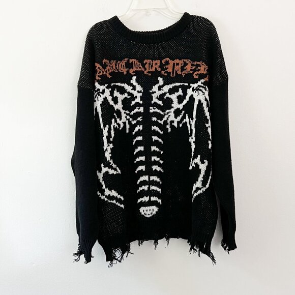 black caged wings skeleton goth distressed sweater - Picture 6 of 8